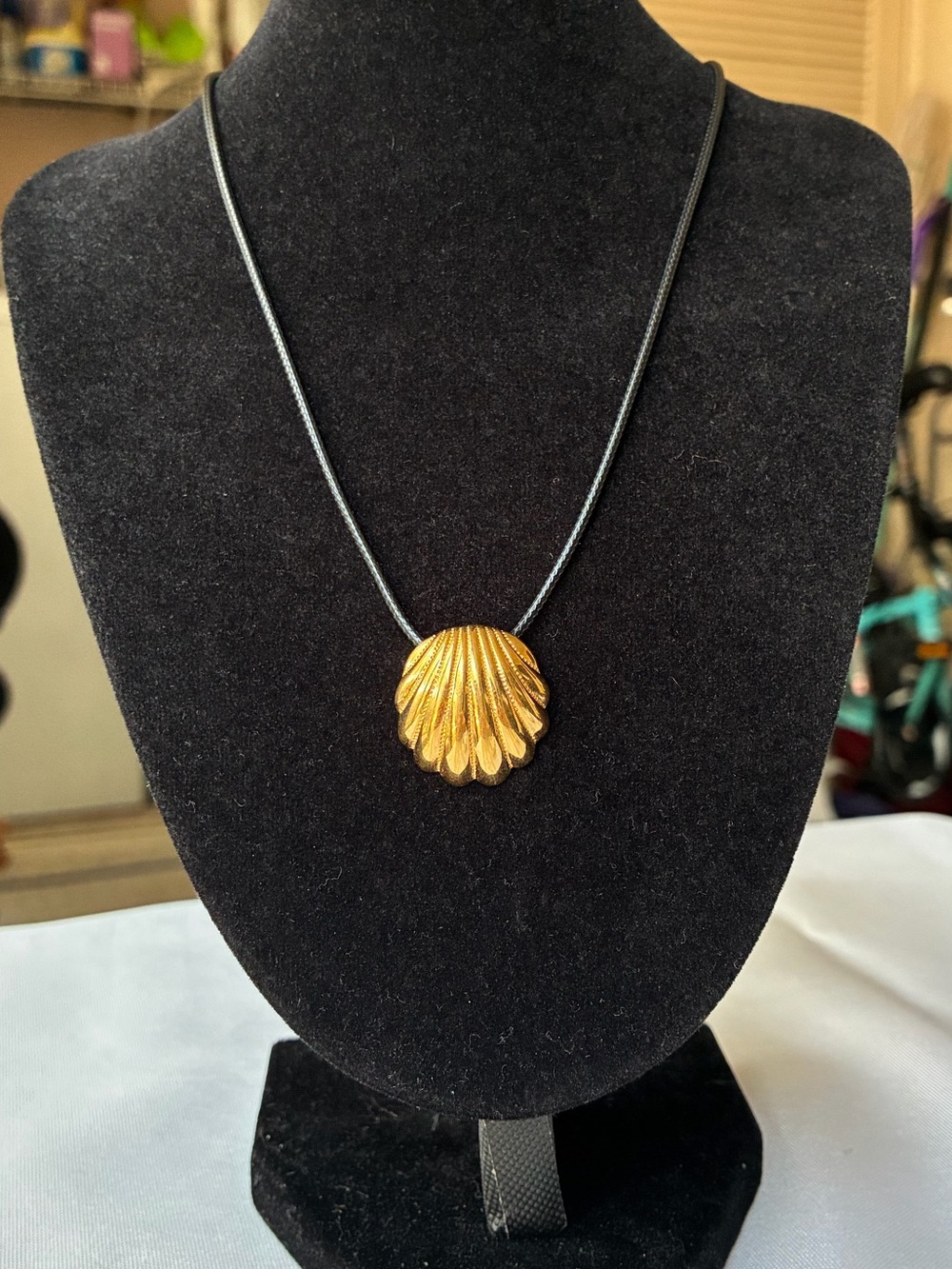 Gold Shell Pendant Necklace on Black Cord